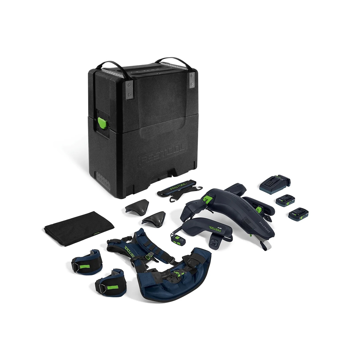 Festool EXO 18 HPC 4.0 I-Plus ExoActive Exoskeleton kit with support harness, headrest, two 4.0Ah batteries, rapid charger, and EPP transport box on a studio background