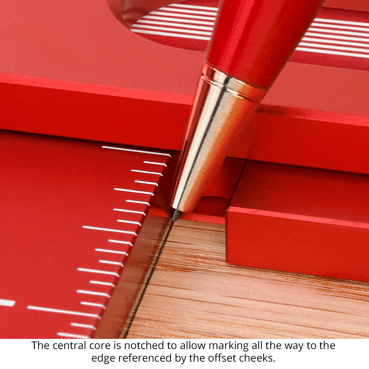 Woodpeckers 1281 Precision Woodworking Square guiding a marking pen on a wood panel, showing the notched core for layout lines carried to the workpiece edge