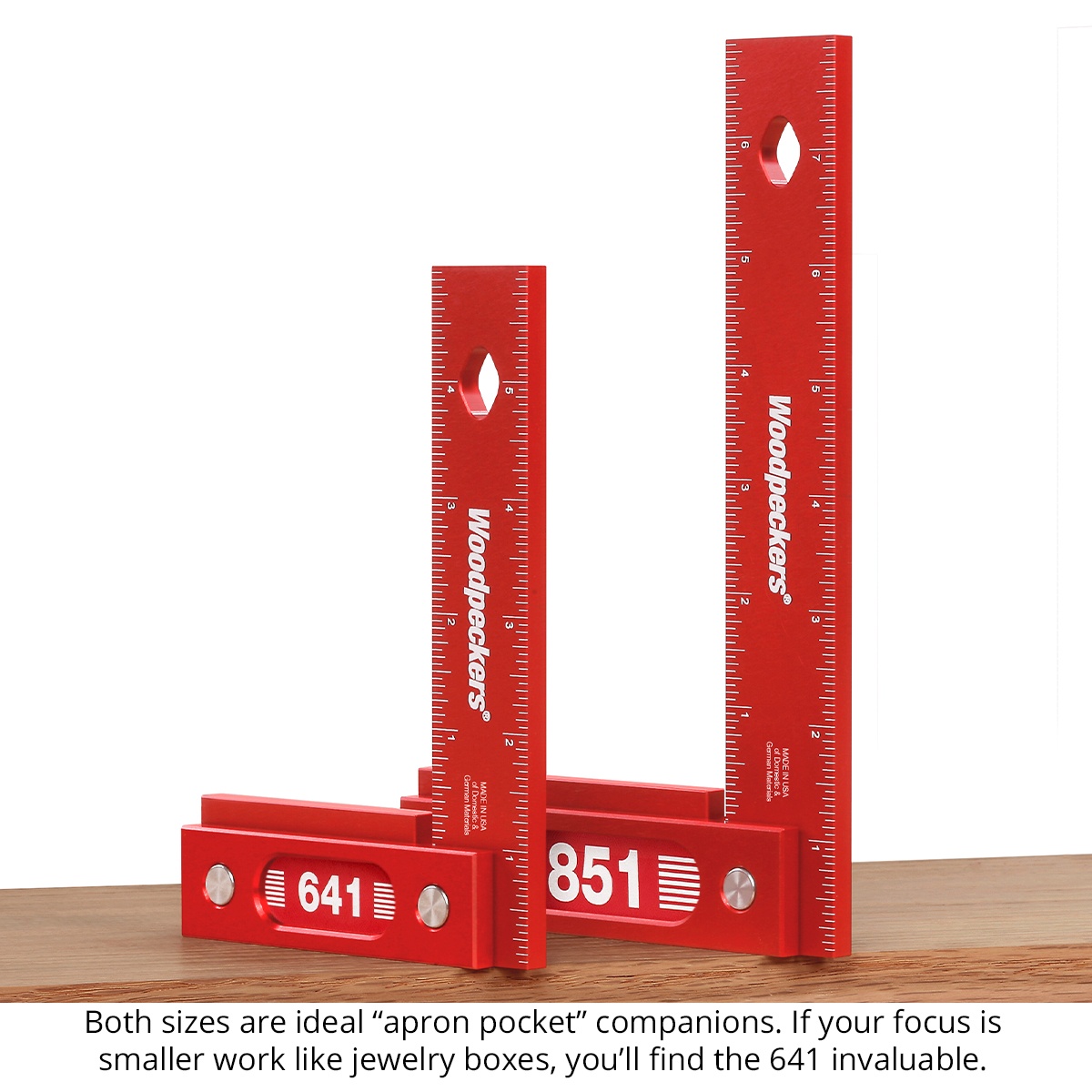Woodpeckers 641 & 851 Precision Woodworking Squares displayed together on a workbench for compact and larger woodworking layout tasks