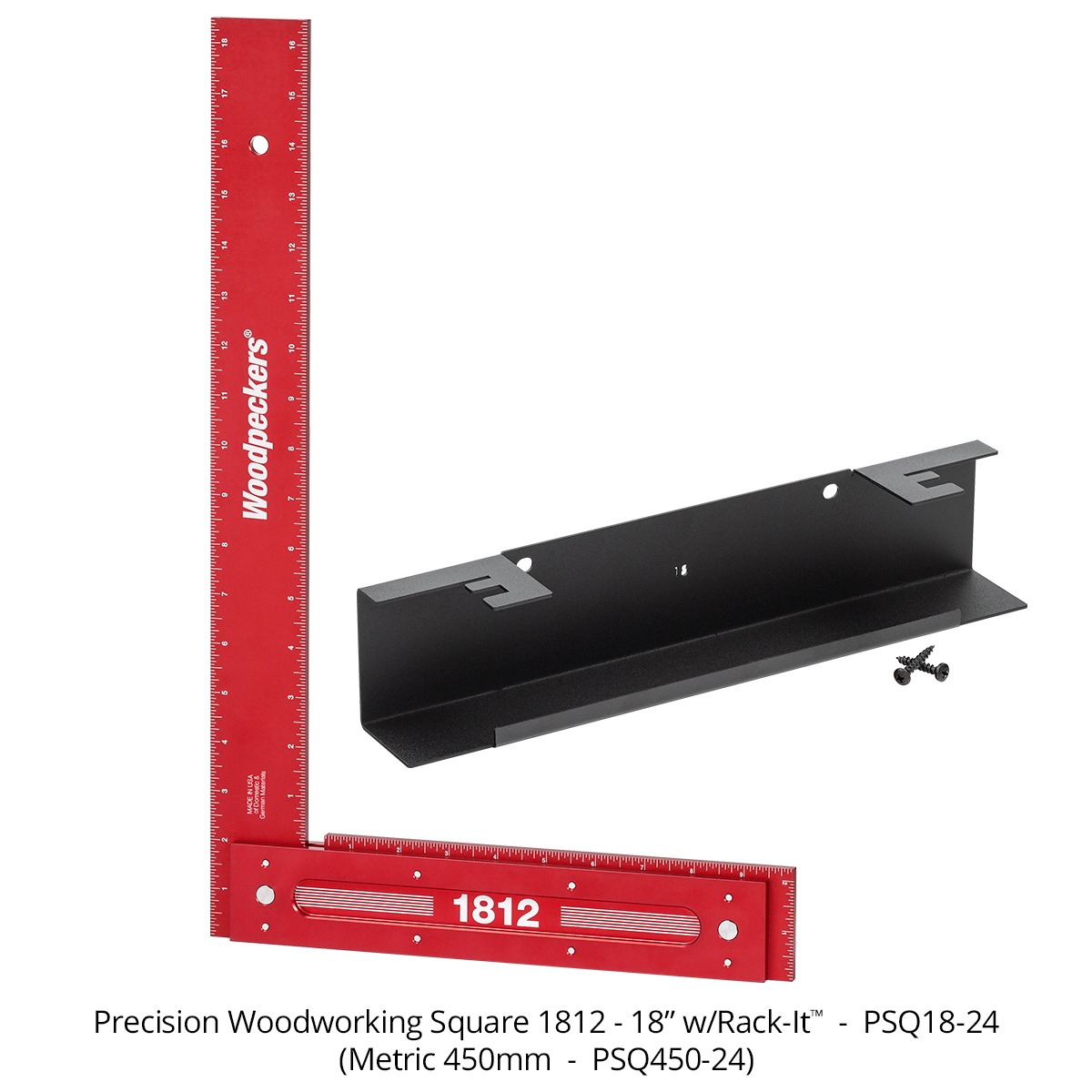 Woodpeckers precision woodworking square with included Rack-It wall mount shown for organized shop storage