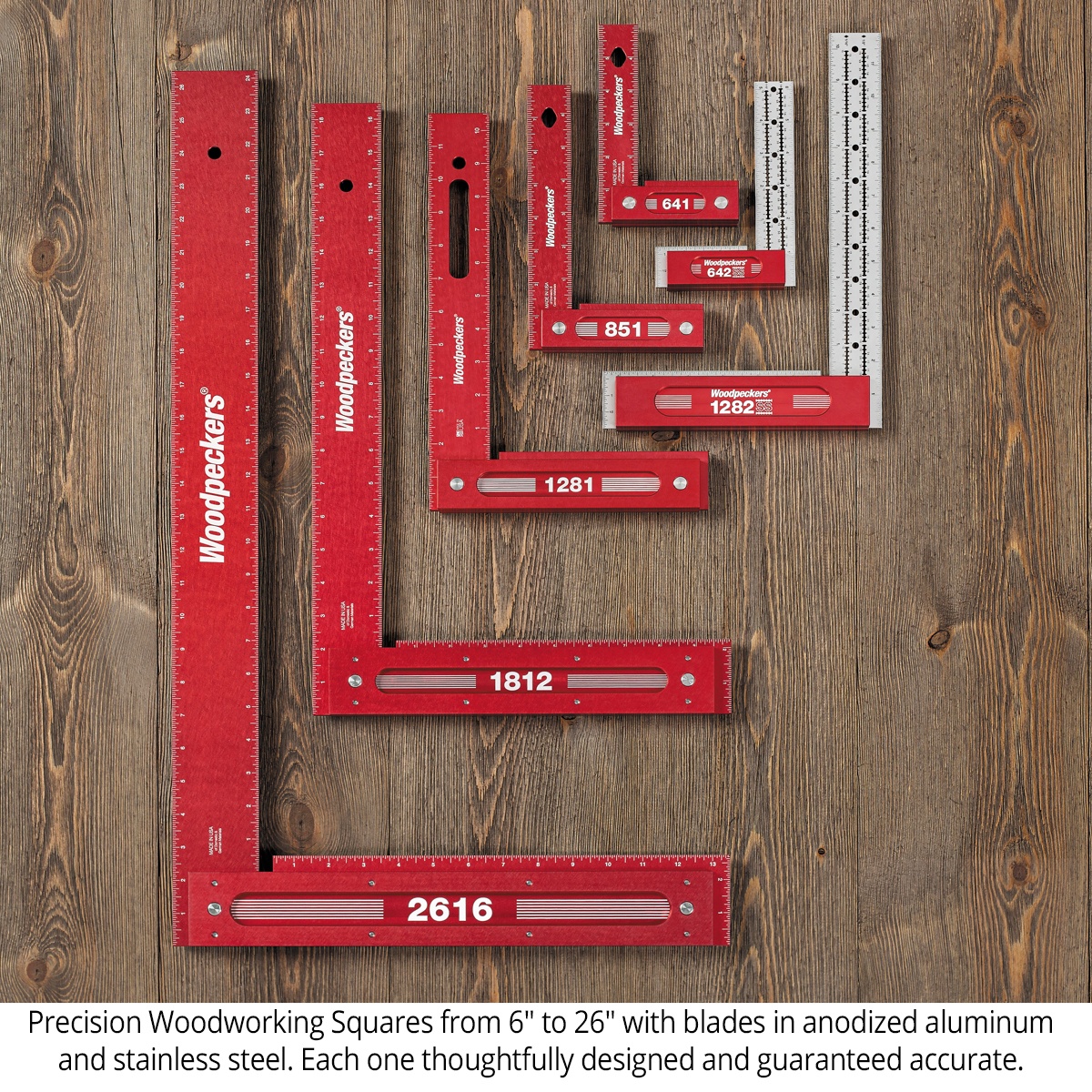 Woodpeckers Precision Woodworking Squares set arranged on a workbench showing multiple square sizes for cabinetmaking and furniture layout