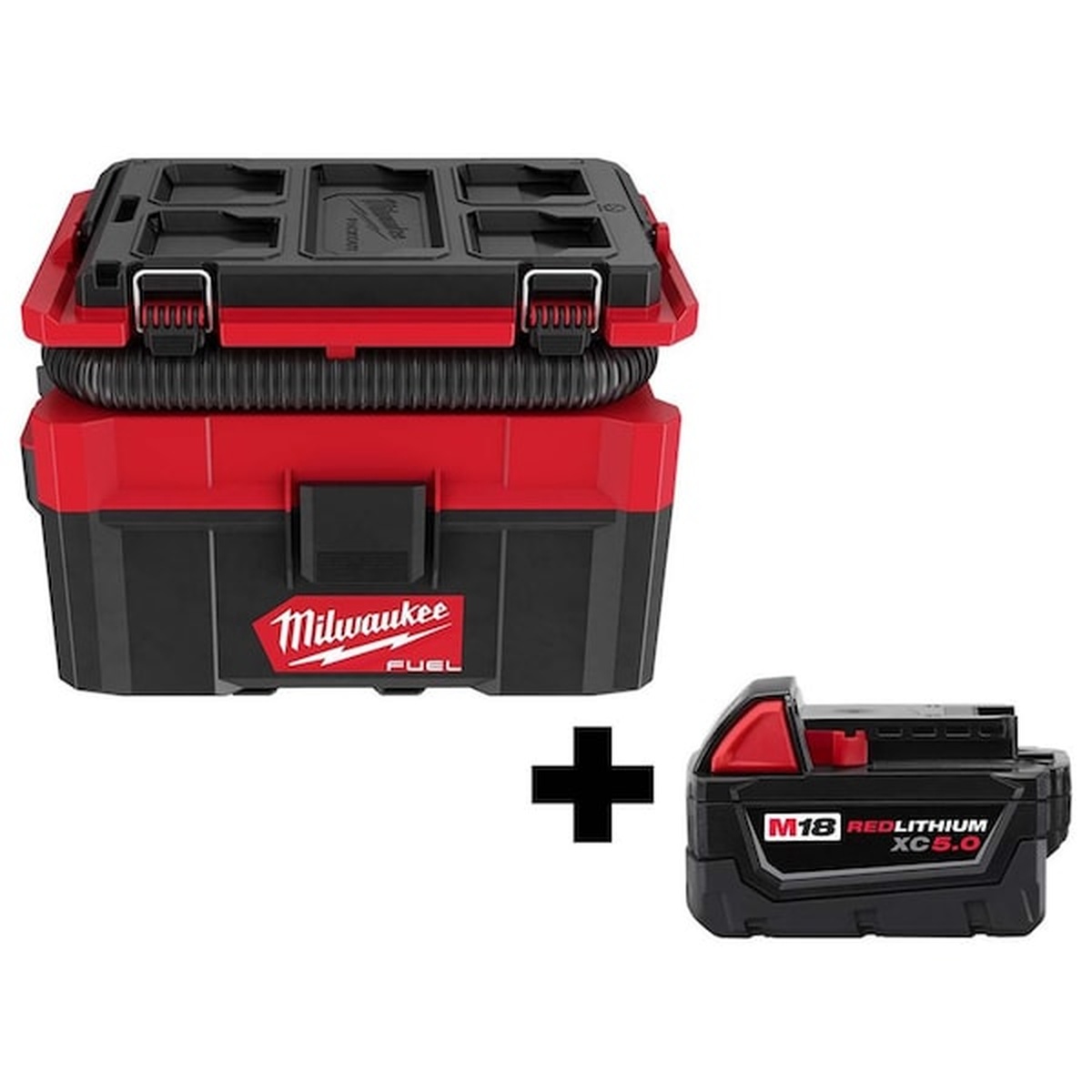 Milwaukee 0970-20-48-11-1850 M18 Wet/Dry Vacuum with included M18 REDLITHIUM XC5.0 battery shown as a compact cordless cleanup setup for small-area wet and dry jobsite debris pickup