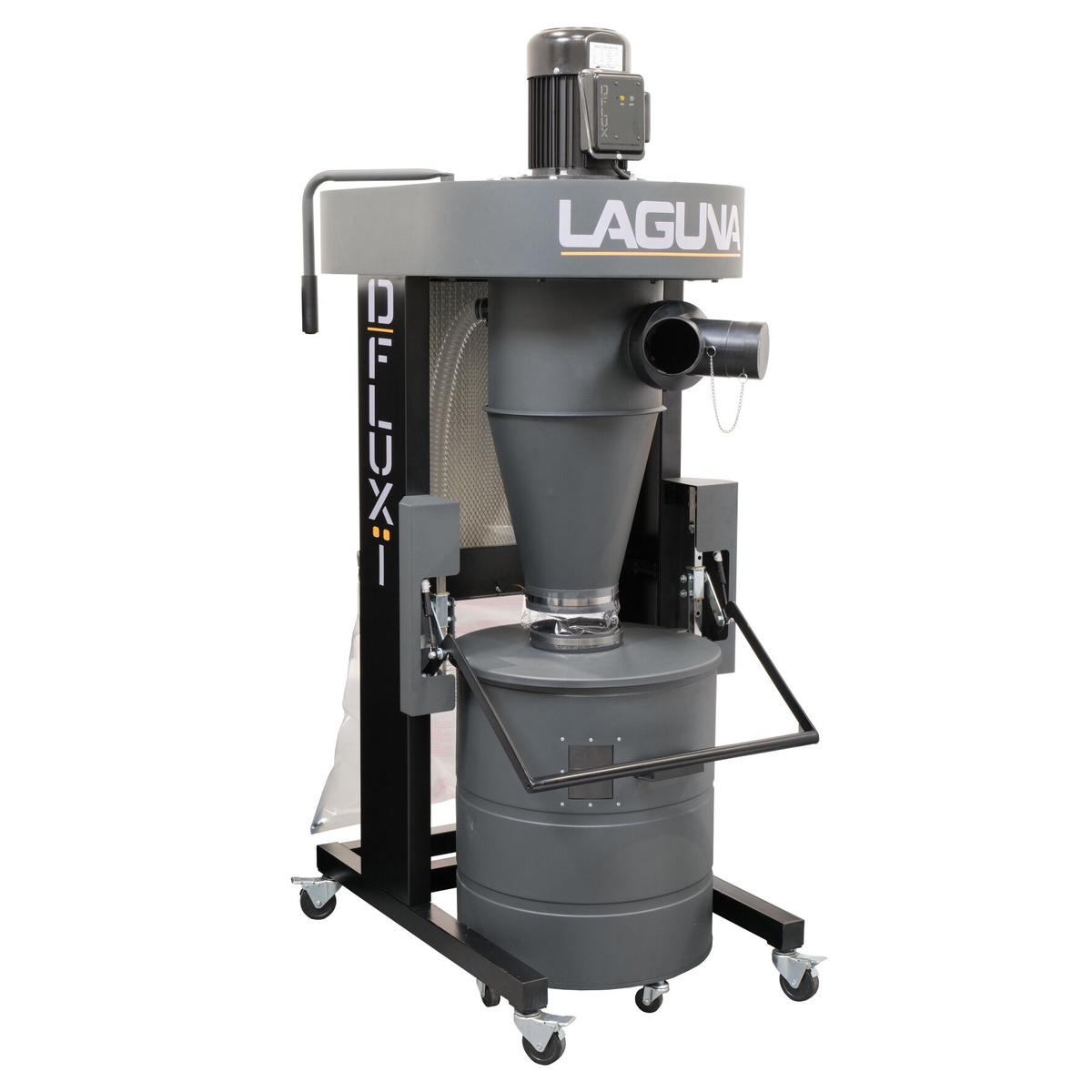 Laguna D|Flux: I Cyclone Dust Collector showing the cyclone body, canister filter, and steel drum in a woodworking shop dust collection setup