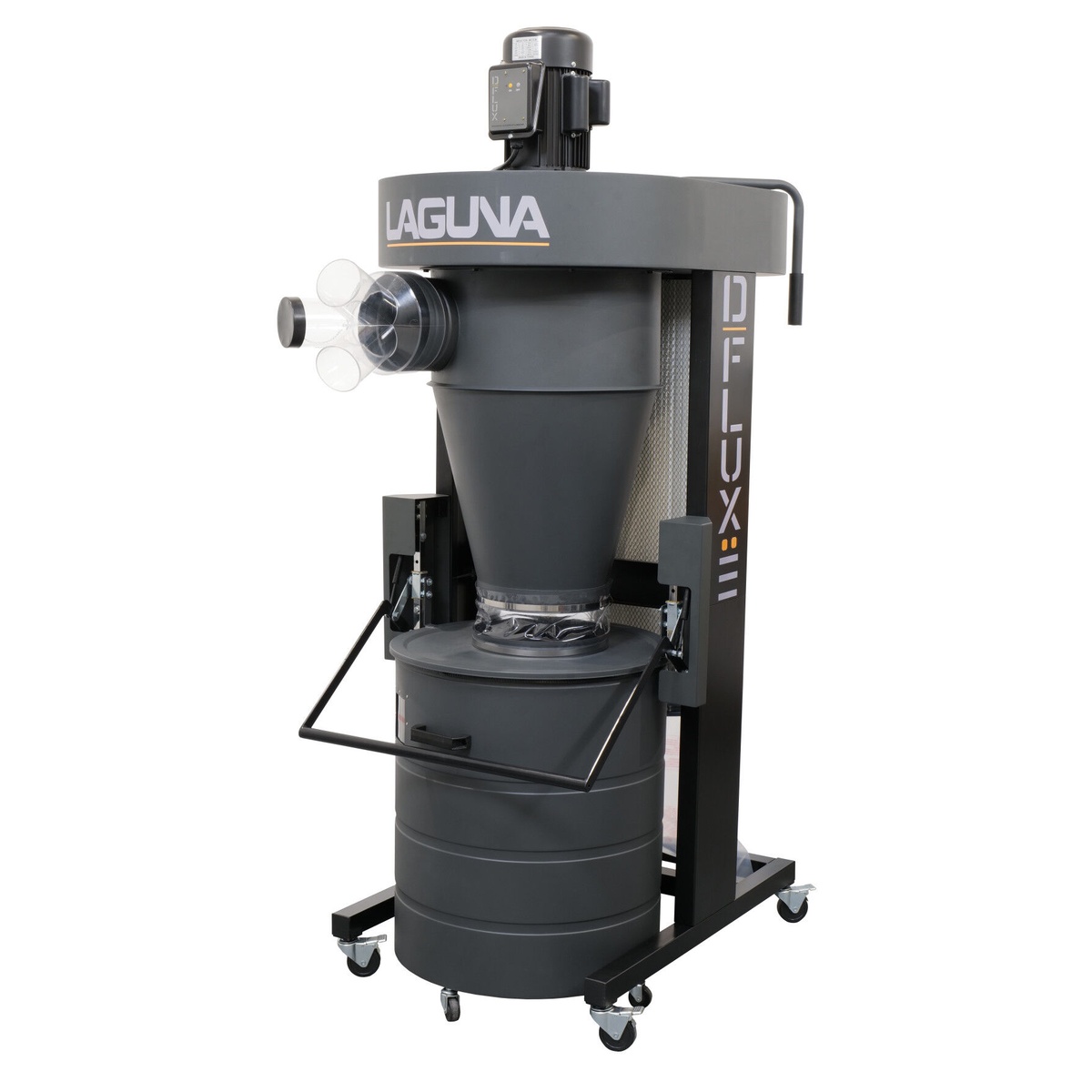 Laguna D|Flux: III Cyclone Dust Collector front product view showing the cyclone body, motor, inlet ports, and steel drum for woodworking dust collection in a shop