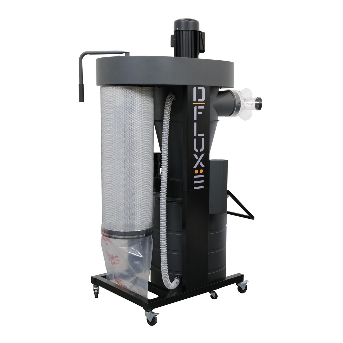 Laguna D|Flux: III Cyclone Dust Collector rear view showing the large canister filter, collection bag, and hose routing in a woodworking shop dust control setup