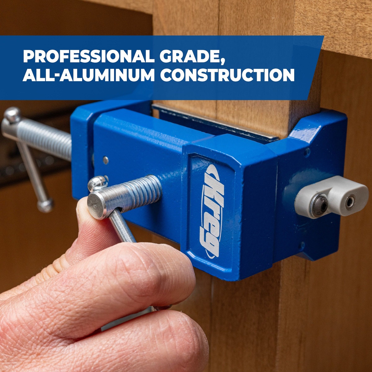 Kreg KCS-FFC2 face frame clamp holding cabinet face-frame parts flush during assembly in a woodworking shop
