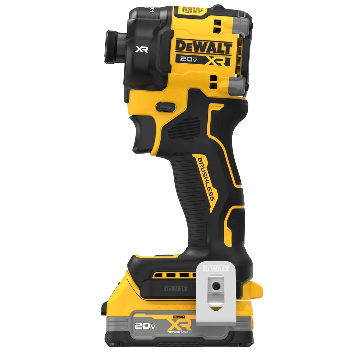 DEWALT 20V MAX XR 1/4 Inch Quiet Hydraulic Impact Driver Kit side profile showing compact body, belt hook, and battery for jobsite fastening