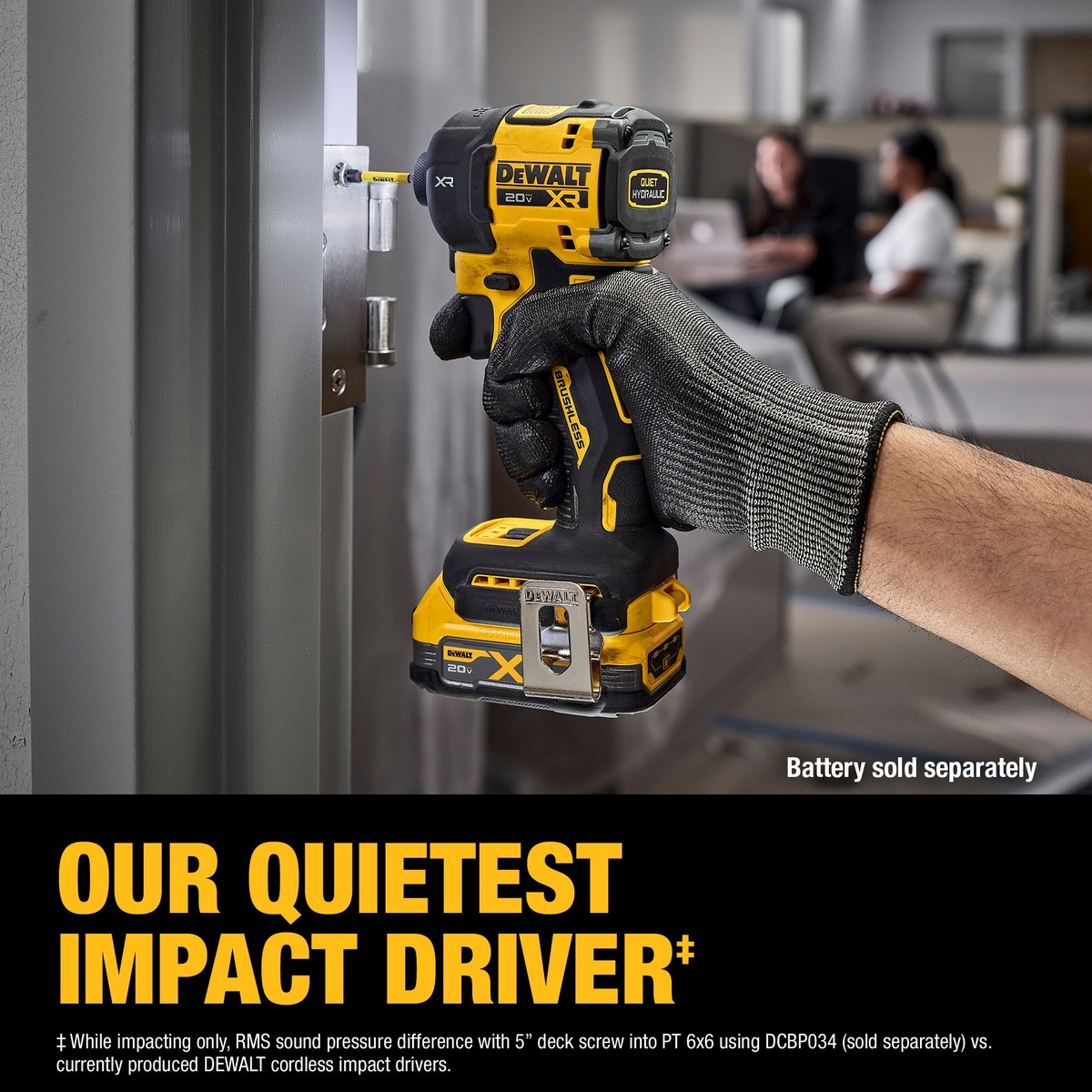DEWALT DCF870B 20V MAX XR 1/4 in. Quiet Hydraulic Impact Driver driving a fastener at a door frame in an occupied indoor workspace