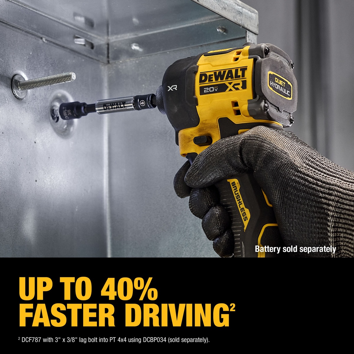 DEWALT DCF870B 20V MAX XR 1/4 in. Quiet Hydraulic Impact Driver driving a fastener into sheet metal in a jobsite fastening application