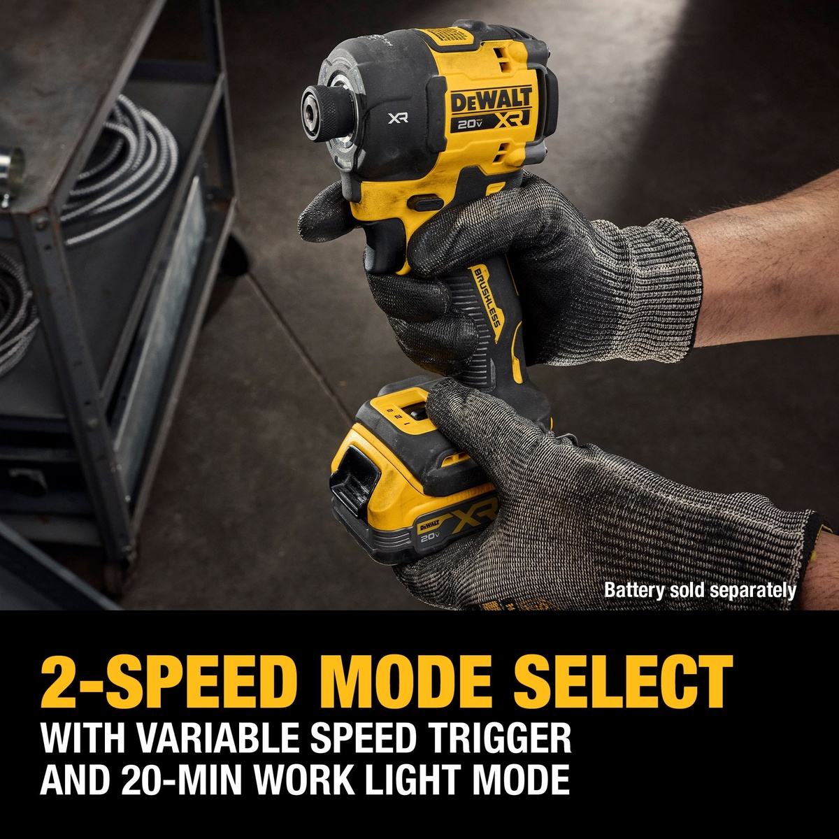 DEWALT DCF870B 20V MAX XR 1/4 in. Quiet Hydraulic Impact Driver showing battery installation and compact body for cabinet and tight-space fastening