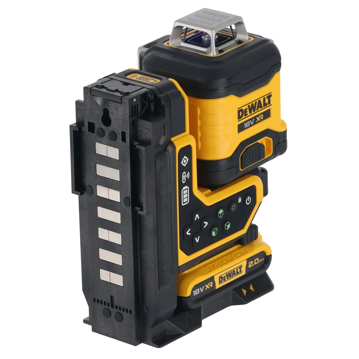 DeWALT DCLE34035D1 20V MAX 3x360 Remote Control Laser Kit showing overmolded body, integrated mount, control panel, and 20V MAX battery interface