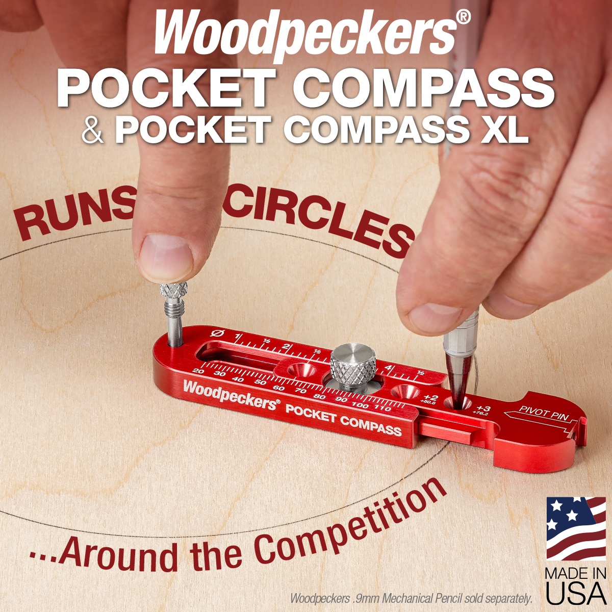 Woodpeckers Pocket Compass & Pocket Compass XL Set marking a circle on a wood panel during layout work on a bench