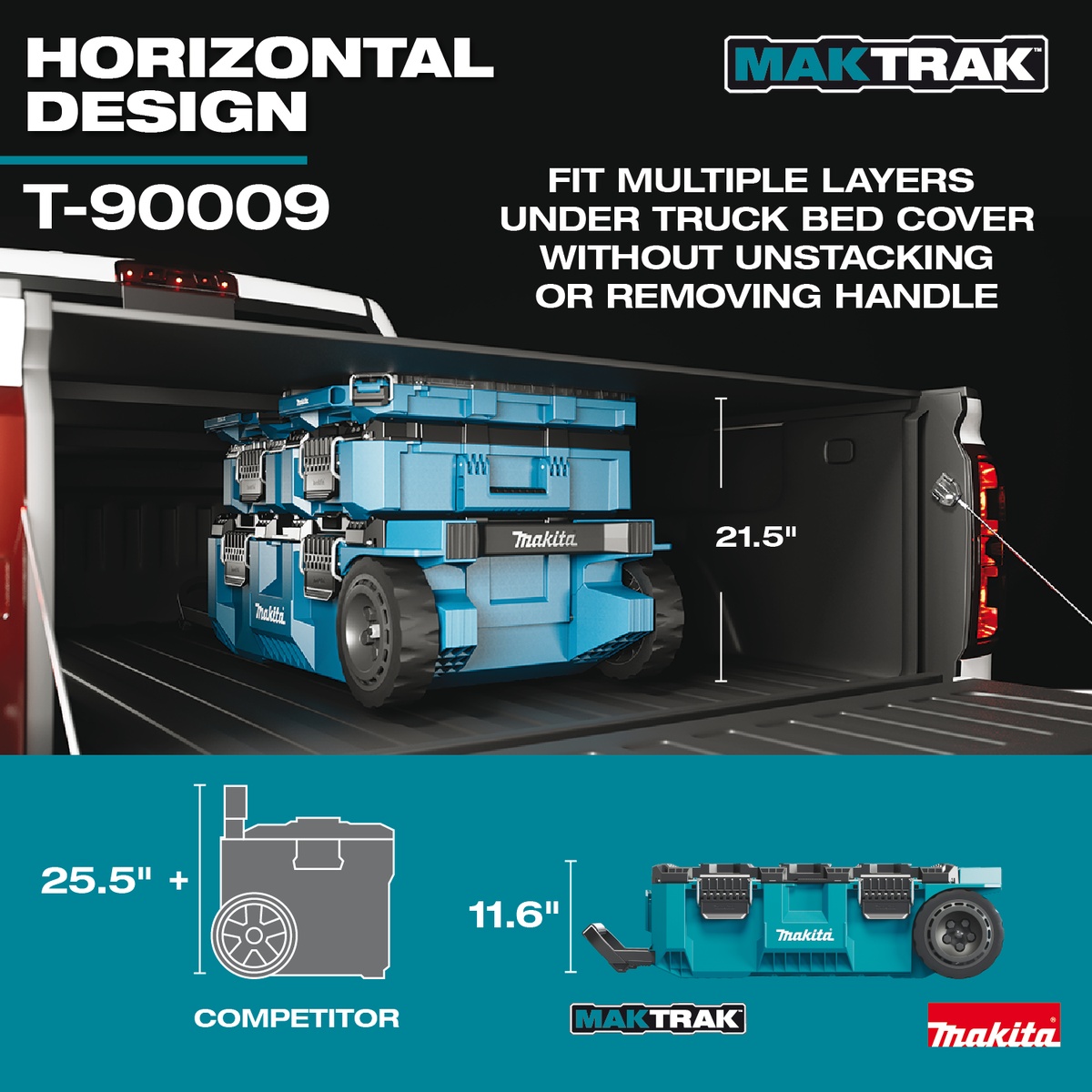 Makita T-90009 MAKTRAK Rolling Tool Chest loaded in a pickup truck bed under a bed cover, showing the low horizontal storage profile for transport on the jobsite