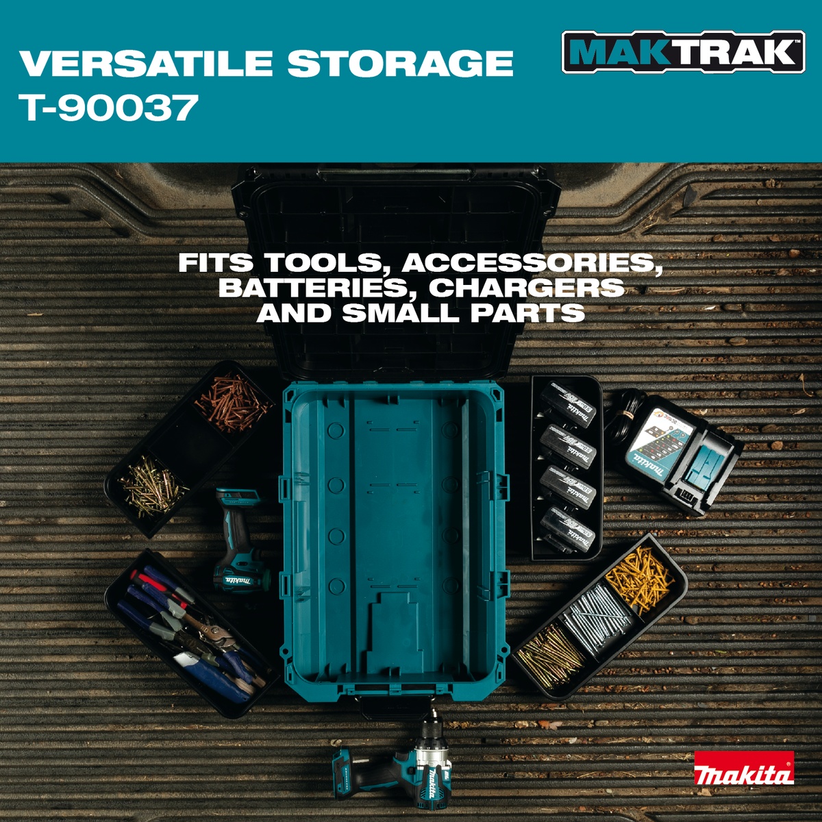 Makita MAKTRAK Medium Tool Box T-90037 opened in a truck bed with trays organizing fasteners, batteries, charger, hand tools, and small parts for jobsite transport