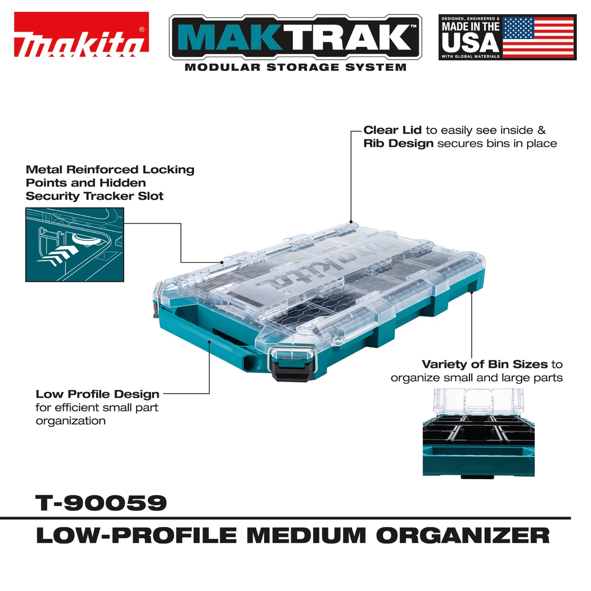 Makita T-90059 MAKTRAK Low-Profile Medium Organizer shown with clear lid, removable bins, and low-profile layout for sorting small hardware and jobsite parts