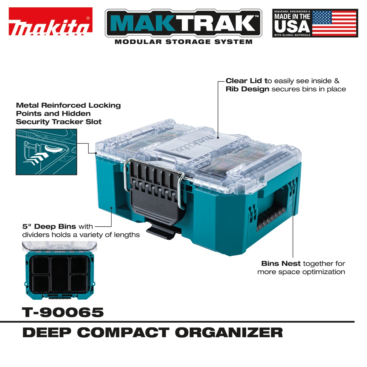 Makita MAKTRAK Deep Compact Organizer with clear lid and deep removable bins shown open for small parts organization on a jobsite storage system
