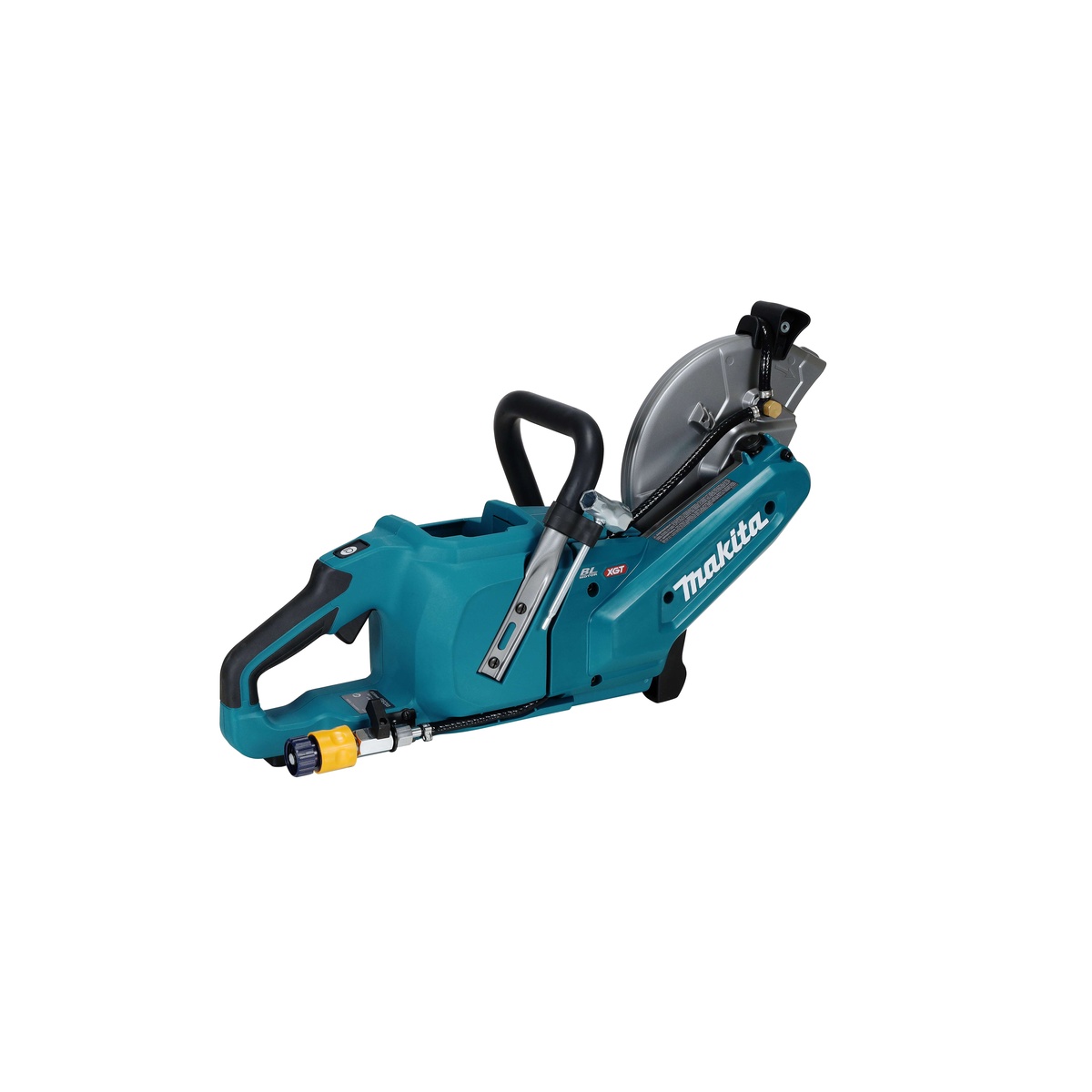 Rear angle view of the Makita GEC03Z cordless power cutter showing the handle, guard, and integrated water delivery connection for controlled concrete cutting work