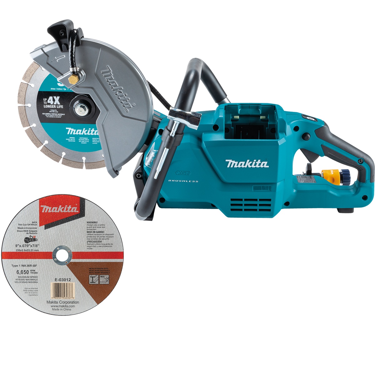 Makita GEC03Z 40V max XGT Brushless Cordless 9 inch Power Cutter shown with cutting wheel and accessory wheel for masonry and metal cutting applications on the jobsite