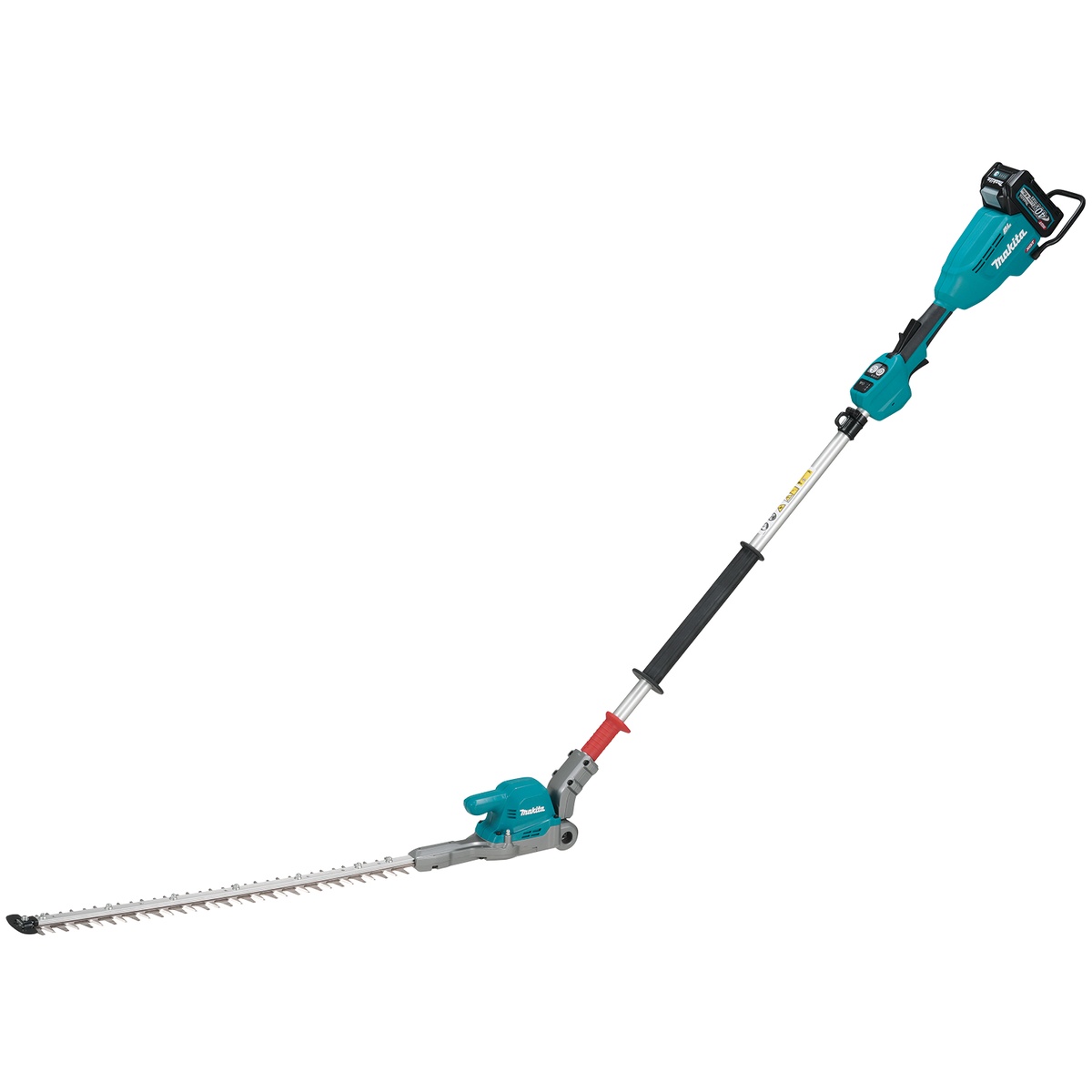 Makita GNU01M1 40V max XGT Brushless Cordless 24 inch Articulating Pole Hedge Trimmer Kit (4.0Ah) shown as a full product view for overhead and low-lying hedge trimming on landscape maintenance jobs
