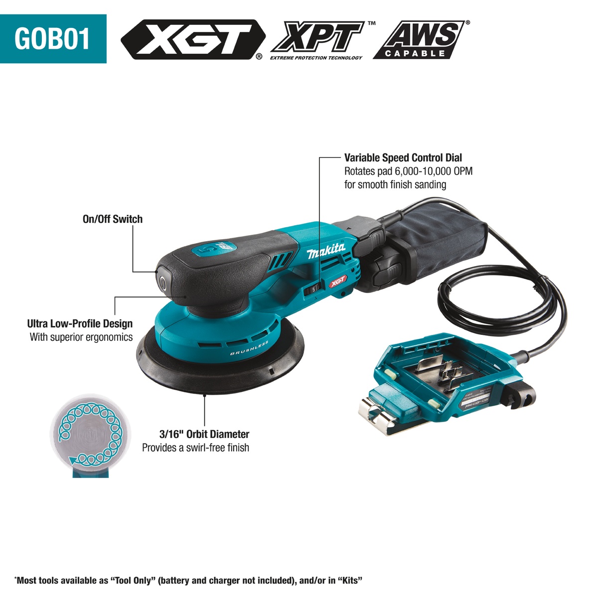Makita GOB01CZ 40V max XGT Brushless Cordless 6 inch Random Orbit Sander showing the low-profile body, variable speed dial, and 3/16 inch orbit for finish sanding in shop and jobsite work