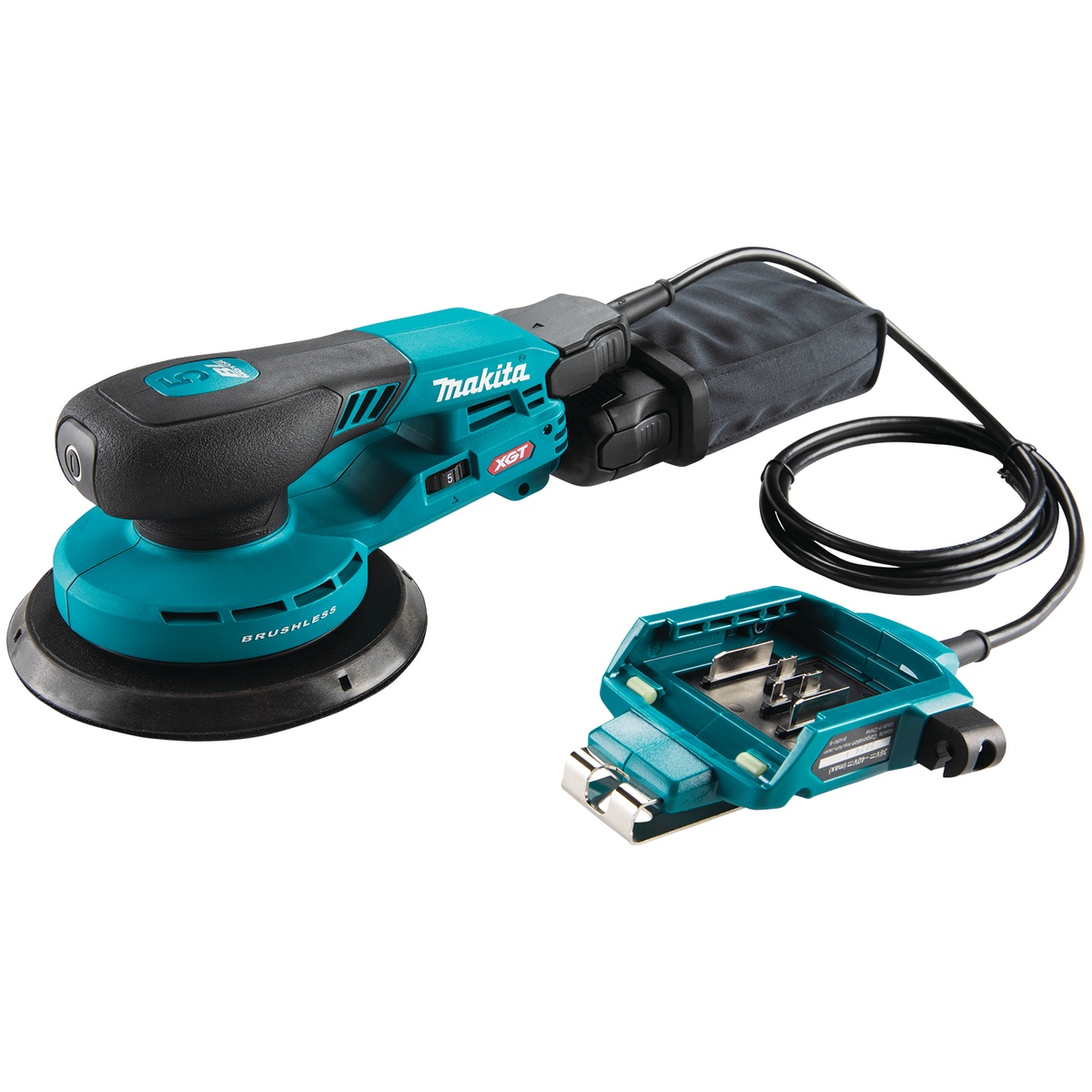 Makita GOB01CZ random orbit finish sander with dust bag and battery adapter, configured for cleaner sanding on woodworking and remodeling jobs