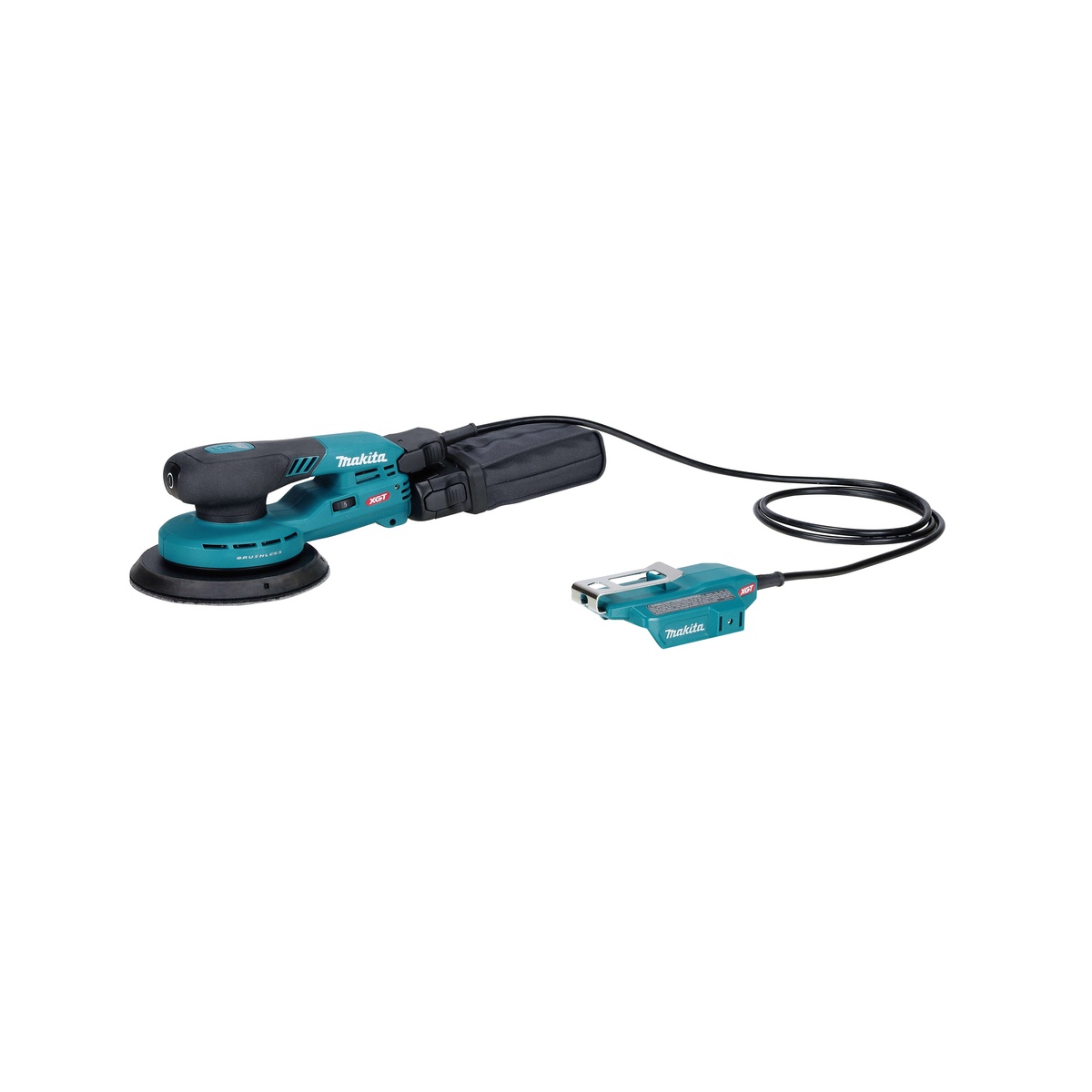 Makita 6 inch random orbit sander with off-board battery adapter and cable, set up for cordless finish sanding where a compact sanding head improves reach and balance
