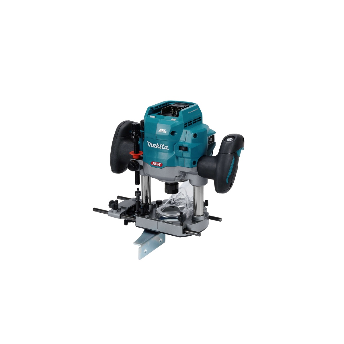 Makita cordless plunge router with guide hardware mounted on the base, set up for edge routing and guided woodworking cuts on installed work or bench work