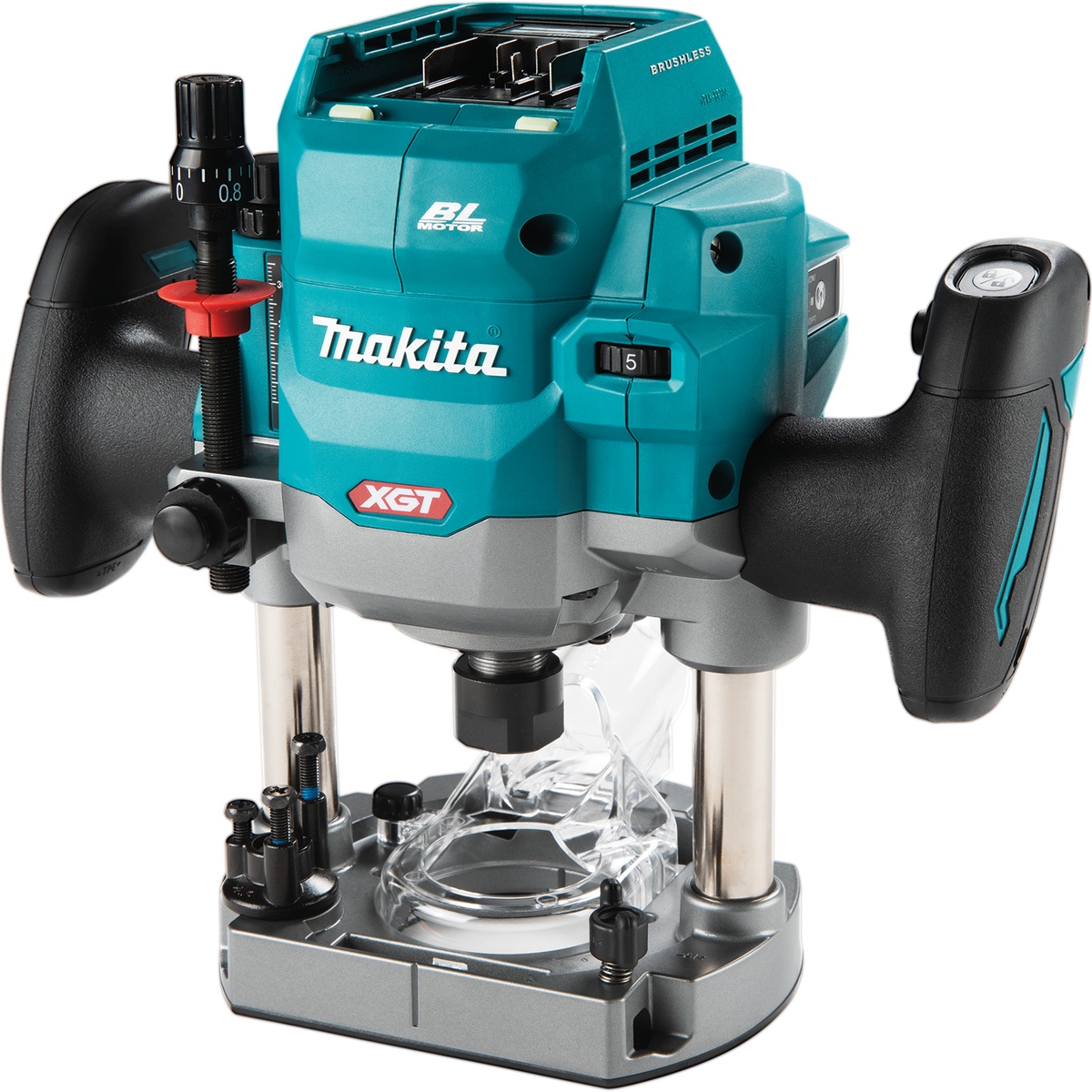Makita GPR01Z 40V max XGT Brushless Cordless 2-1/4 Maximum HP Plunge Router, Tool Only shown in product view with plunge base for woodworking, dado cutting, and joinery work in a shop or jobsite setting