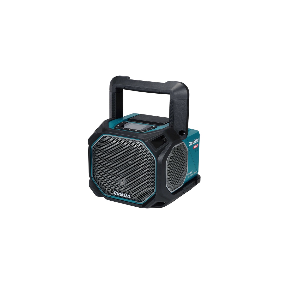 Makita 40V max XGT / 18V LXT Lithium-Ion Cordless/Corded Bluetooth Job Site Speaker shown with carrying handle in a workshop or jobsite setup, highlighting portable speaker design for work areas