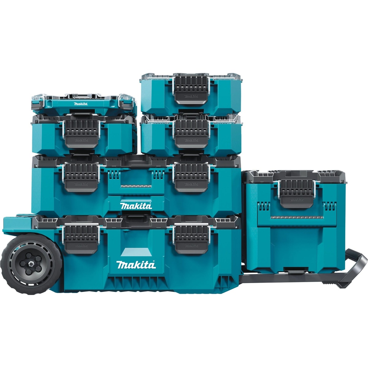 Makita MAKTRAK Master 7-Piece Modular Storage Toolbox Kit stacked on rolling base for transporting tools and parts across a jobsite or from truck to work area