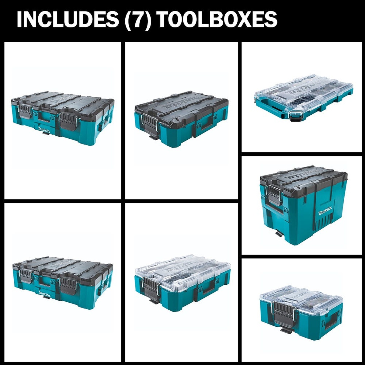 Makita MAKTRAK Master 7-Piece Modular Storage Toolbox Kit showing included organizers and tool boxes for sorting fasteners, fittings, accessories, and hand tools