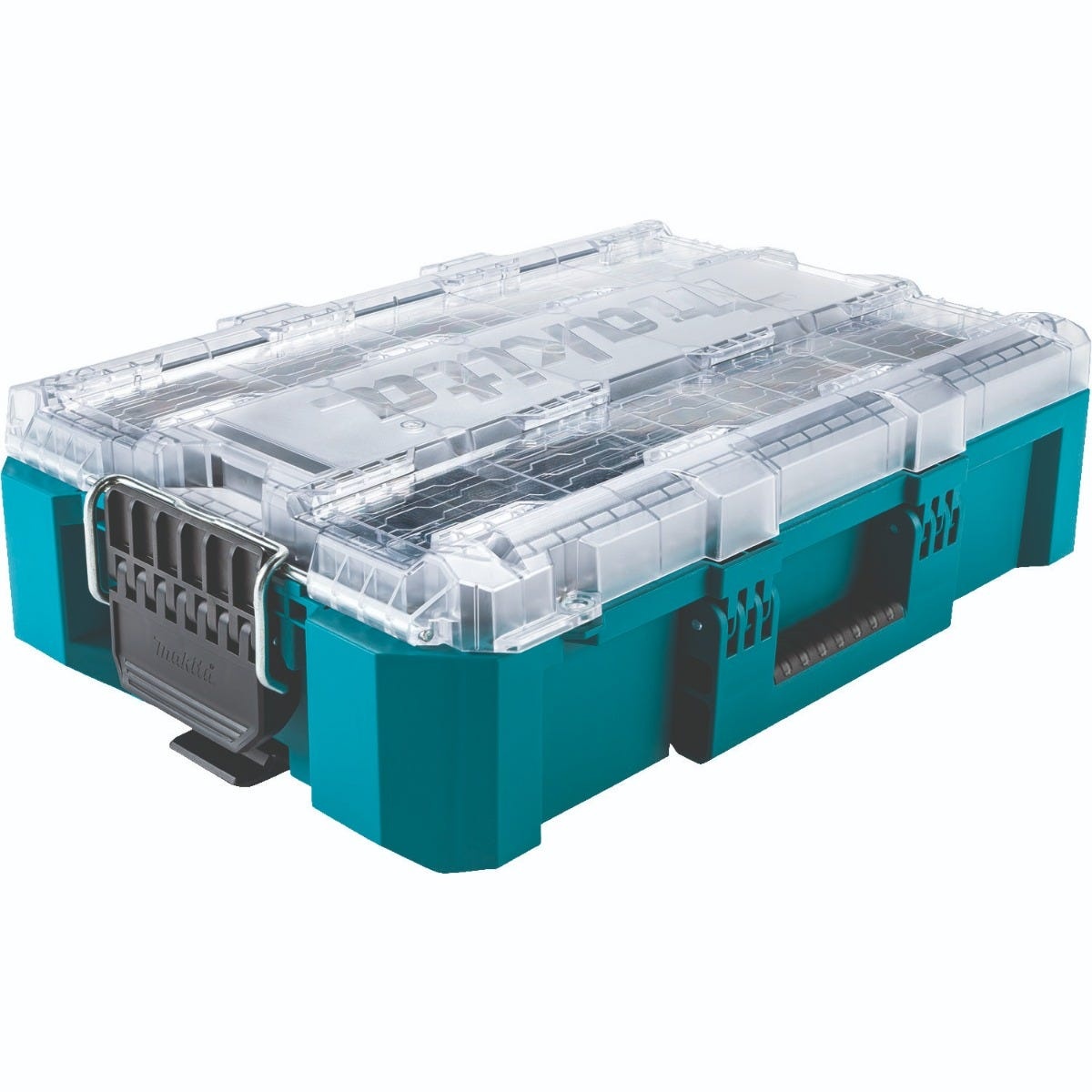 Makita MAKTRAK deep medium organizer with clear lid for sorting fasteners, fittings, and small parts on a jobsite or in a service vehicle