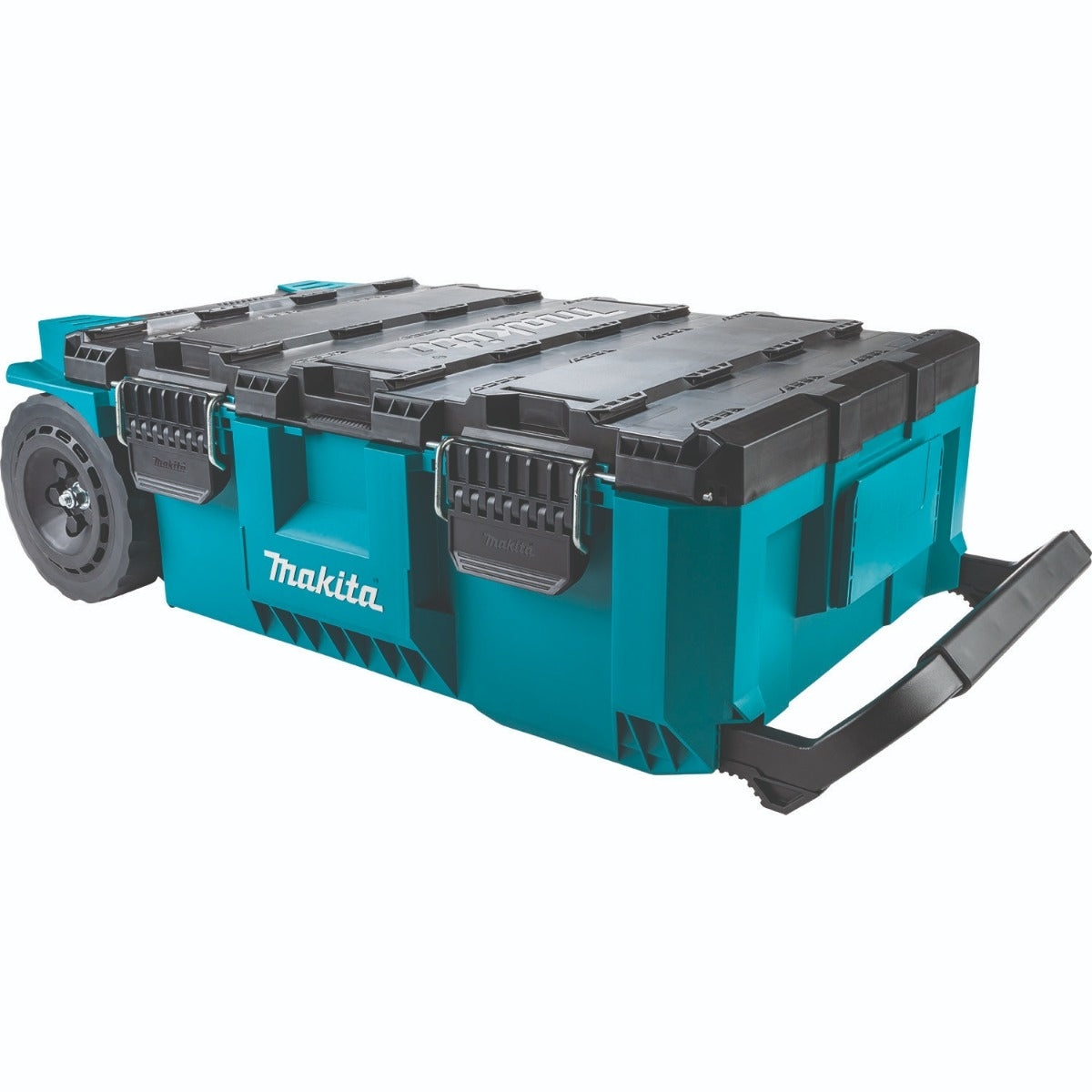 Makita MAKTRAK rolling tool chest shown closed with pull handle, highlighting the horizontal storage layout for long tools and easy access in a truck or van setup