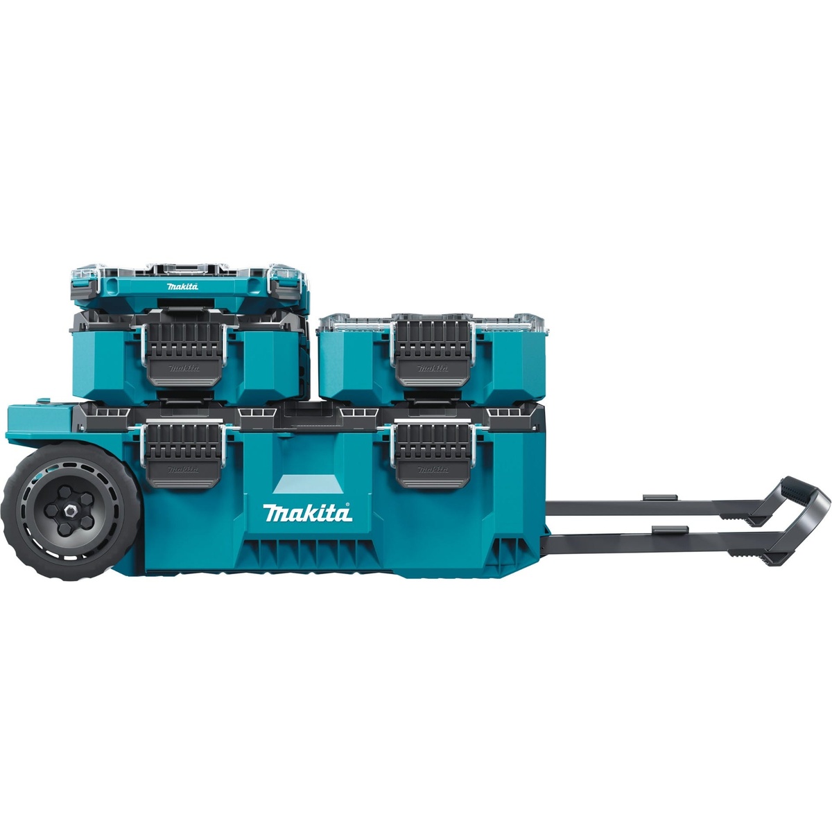 Makita MAKTRAK Pro 4-Piece Modular Storage Toolbox Kit stacked on the rolling chest with extended handle for transport across a jobsite or from truck to work area