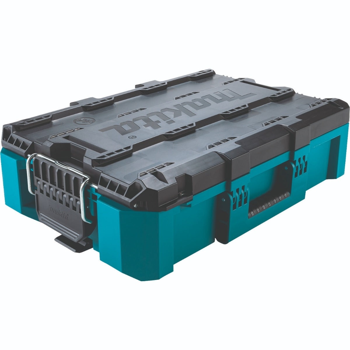 Makita medium tool box from the Makita MAKTRAK Starter 3-Piece Modular Storage Toolbox Kit shown closed on a clean background for storing hand tools, batteries, and chargers
