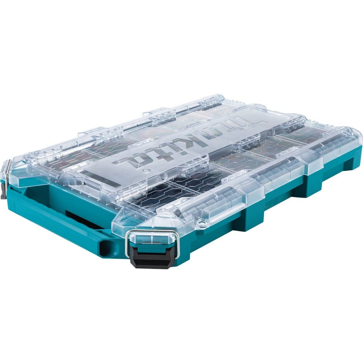 Makita low-profile medium organizer from the Makita MAKTRAK Starter 3-Piece Modular Storage Toolbox Kit shown with clear lid for organizing screws, connectors, and small jobsite parts
