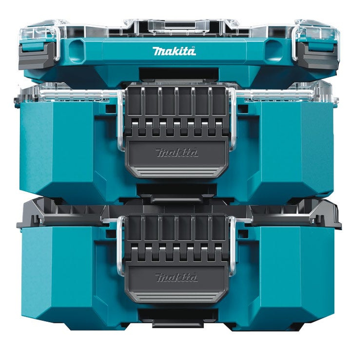 Makita MAKTRAK Starter 3-Piece Modular Storage Toolbox Kit stacked vertically on a clean background, showing the modular jobsite storage system configuration for tools and parts transport