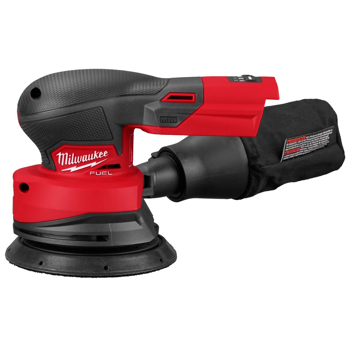 Milwaukee M18 FUEL 5 inch Random Orbital Sander shown in side profile with dust bag attached for wood sanding and finish prep on the jobsite