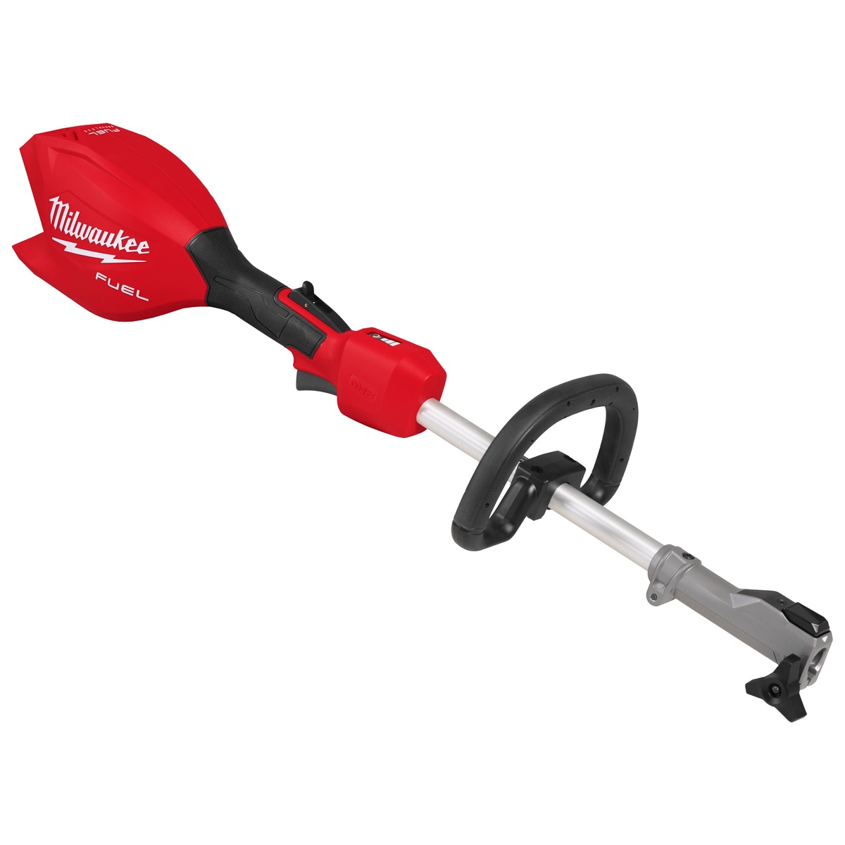 Milwaukee M18 FUEL Power Head w/ QUIK-LOK bare power head shown without battery on a clean background, highlighting the attachment interface and adjustable bail handle