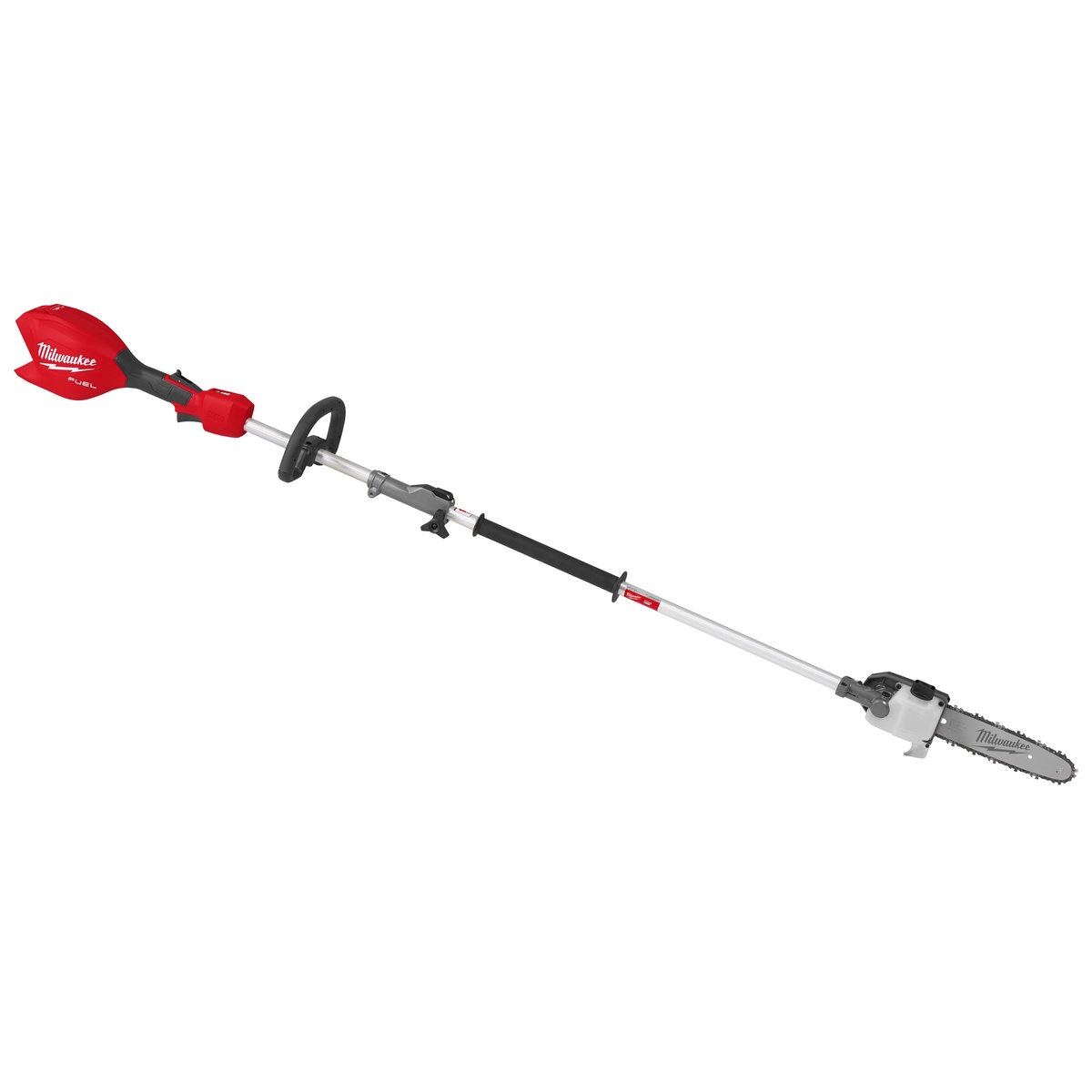 Milwaukee 3016-20PS M18 FUEL Pole Saw w/ QUIK-LOK shown as a complete split-boom cordless pole saw on a clean background highlighting the power head, extension, and saw attachment