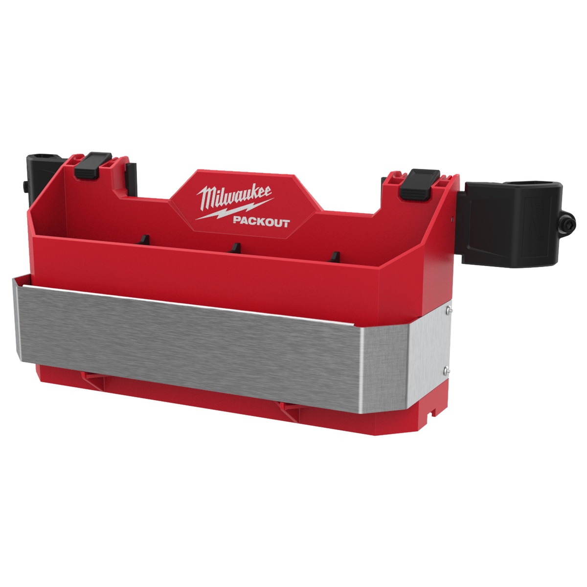 Milwaukee PACKOUT Tool Box Caddy Attachment product view showing open main compartment, divider slots, and front rack for exterior tool storage