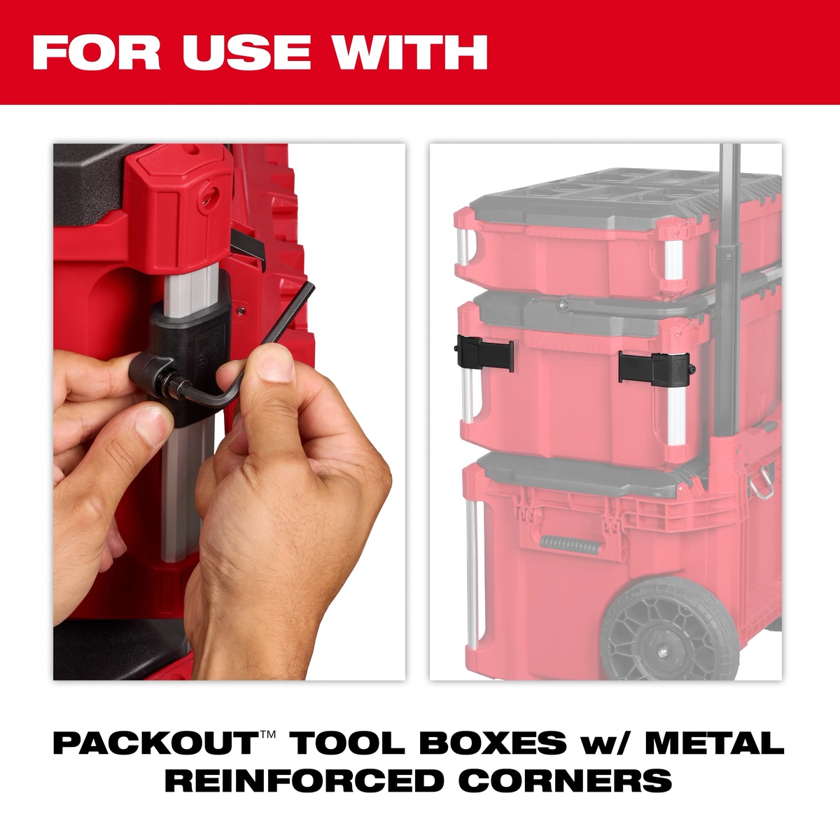 Milwaukee PACKOUT Tool Box Caddy Attachment mount being installed on PACKOUT tool box metal-reinforced corner with hex key for modular storage setup