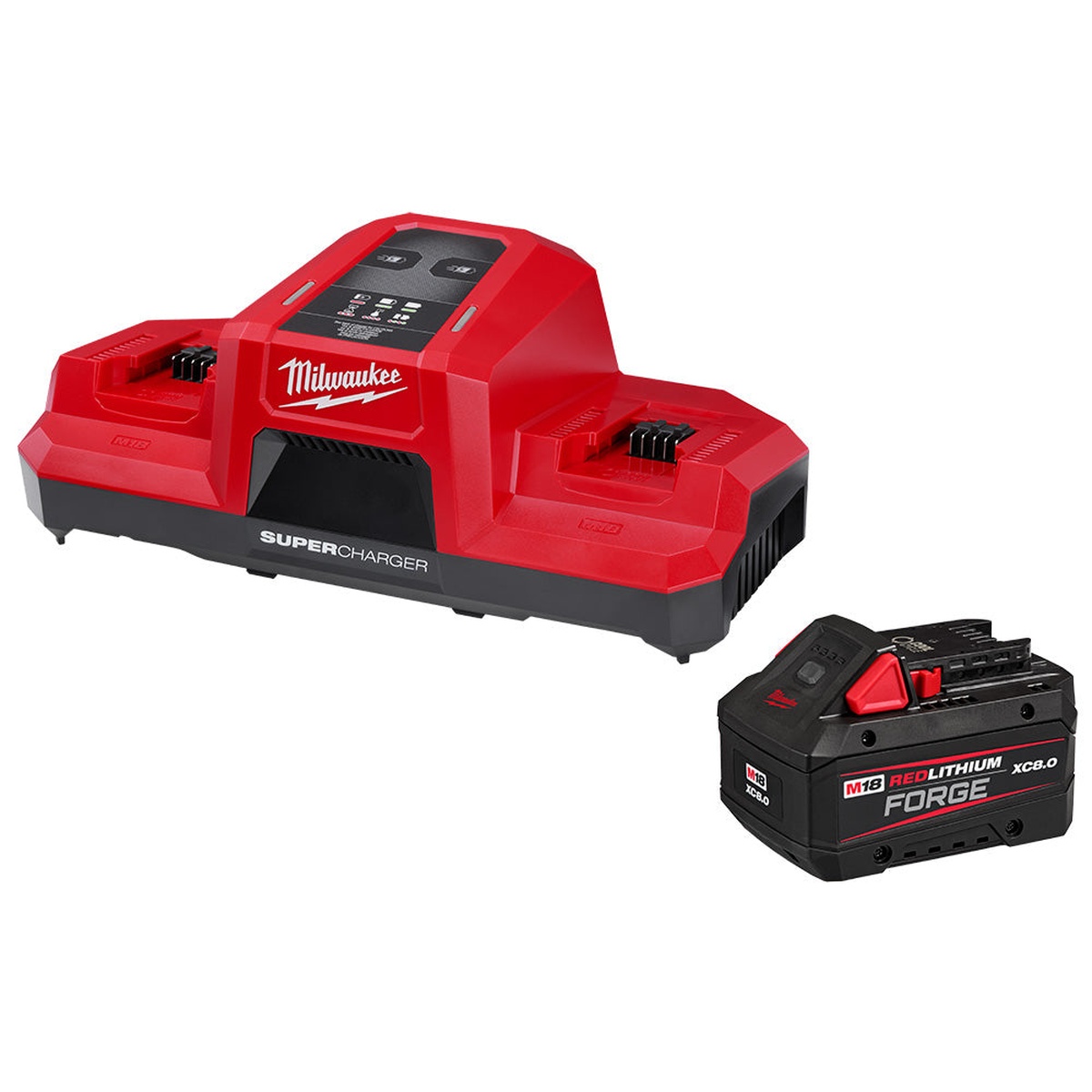 Milwaukee 48-59-1881SC M18 FORGE XC 8.0Ah Battery & Dual Bay Super Charger Starter Kit showing the dual bay charger and XC8.0 battery on a clean bench-style product setup for M18 cordless tool charging