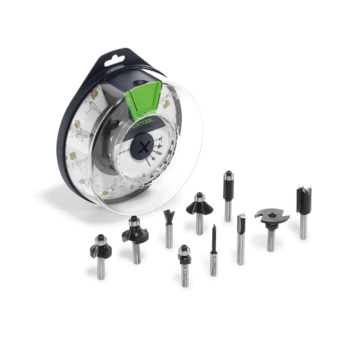 Festool 498979 Box-OF HW S8 Mix 10-Piece 8mm Shank Router Bit Holiday Value Set with ten carbide-tipped router bits arranged outside the storage case on a clean work surface
