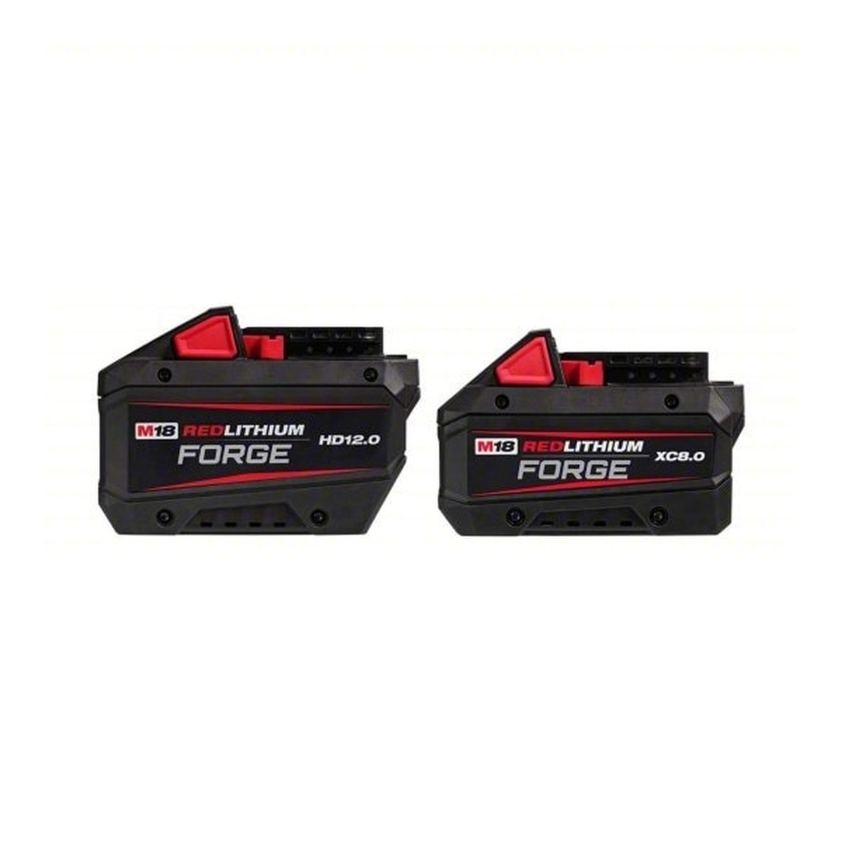 Milwaukee M18 FORGE HD12.0 Battery + M18 FORGE XC8.0 Battery shown as a two-pack product shot for Milwaukee 18V cordless tool users choosing between higher runtime and a more compact battery option