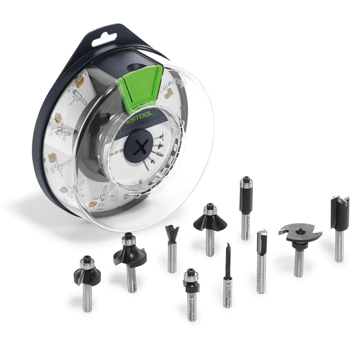Festool 10-piece 8 mm shank router bit set displayed with multiple carbide-tipped profiles for edge shaping and groove cutting in wood