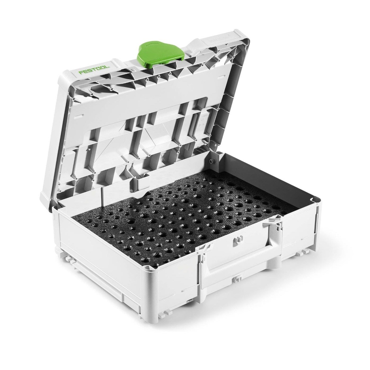 Festool Router Bit Storage Systainer3 open with fitted insert for storing 8 mm shank router bits safely in shop or jobsite transport