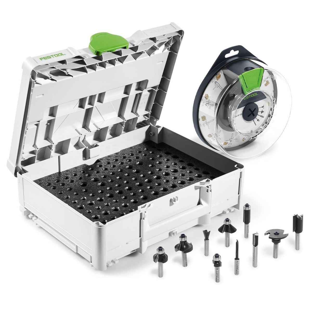 Festool Box-OF HW S8 Mix 10-Piece 8mm Shank Router Bit Holiday Value Pack with Router Bit Storage Systainer3 shown with open Systainer3 case, foam insert, and router bits laid out for wood routing setup in a workshop