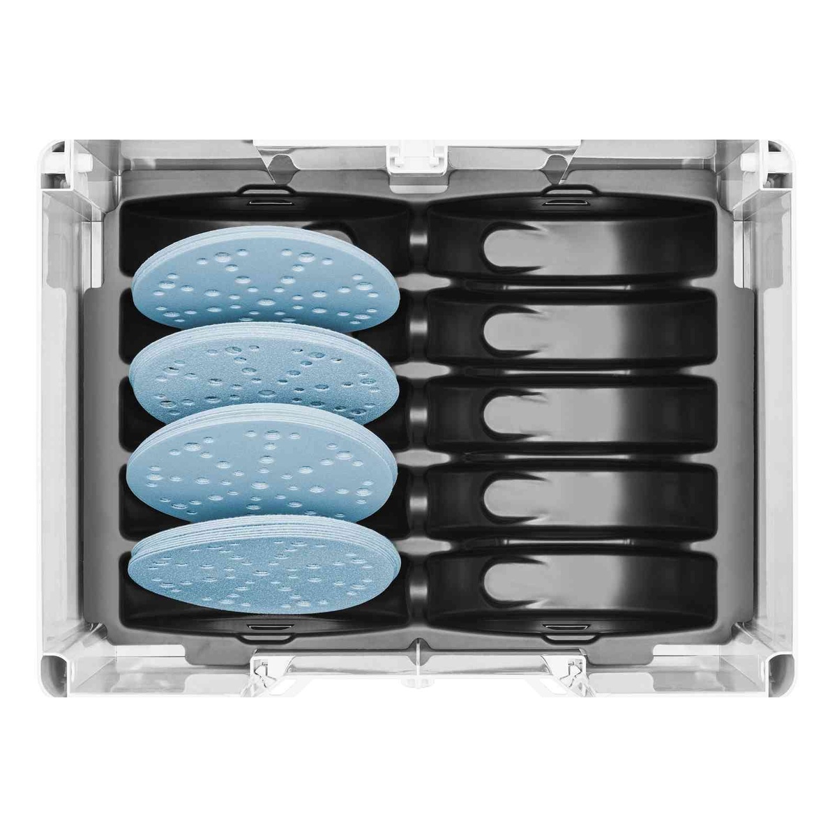 6-inch Festool Granat sanding discs stored in the Systainer insert showing the abrasive hole pattern designed to support dust extraction during sanding work