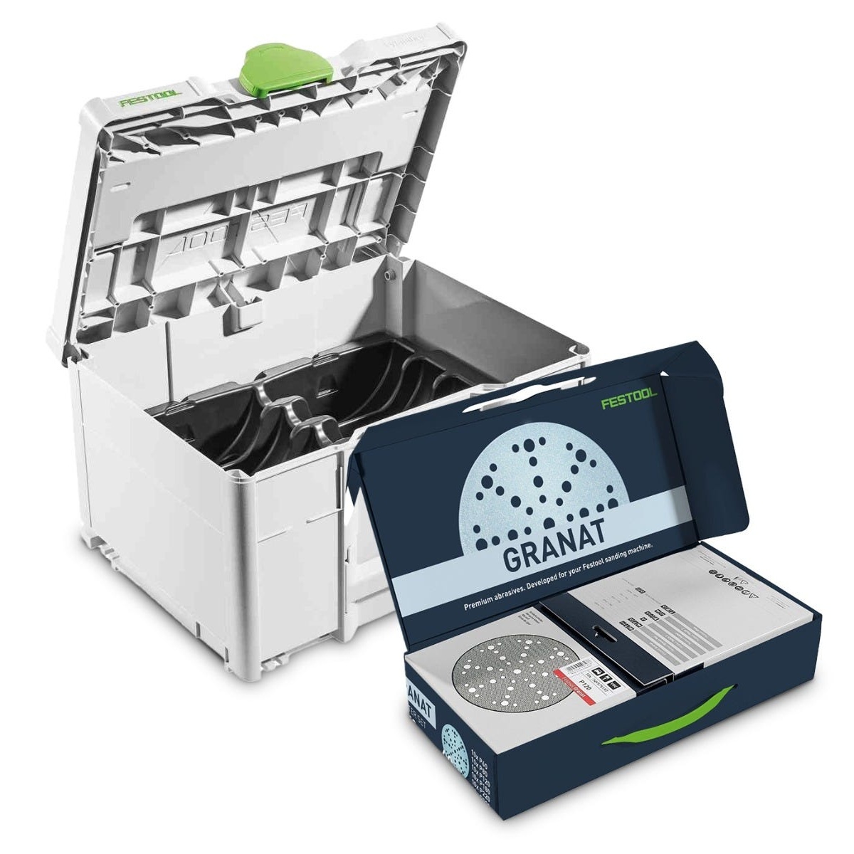Festool D150 60-Piece 6-in. Granat Abrasives Holiday Value Starter Set with Systainer3 SYS-STF showing abrasive starter box and storage case for organized sanding disc progression in the shop